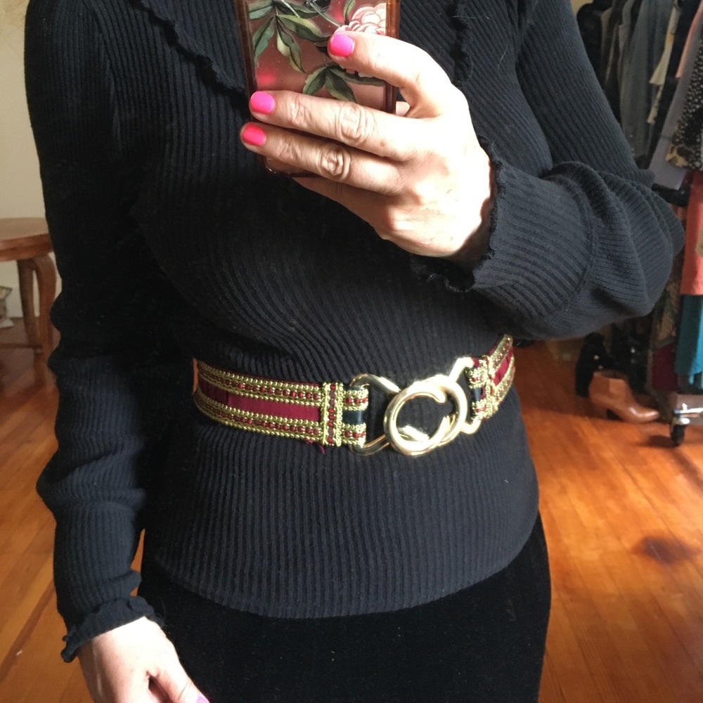 Vintage Wide Belt Gold Linking Buckle Elastic Red